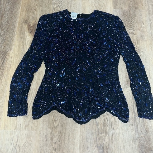 Stunning Vintage 80s 90s Beaded 100% Silk Long Sleeve Blouse Black Blue Small - Picture 1 of 8